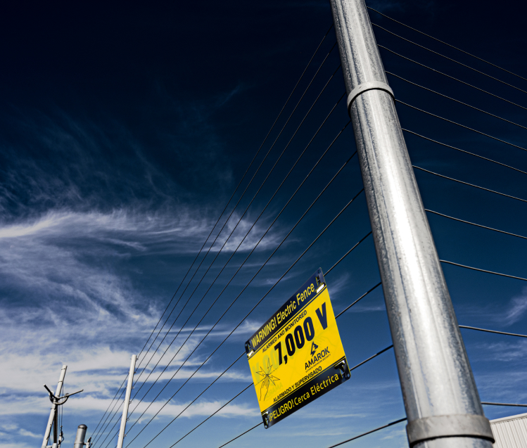 A yellow sign on a pole says "Warning Electric Fence"