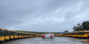 Giant Parking Lot Filled With School Buses