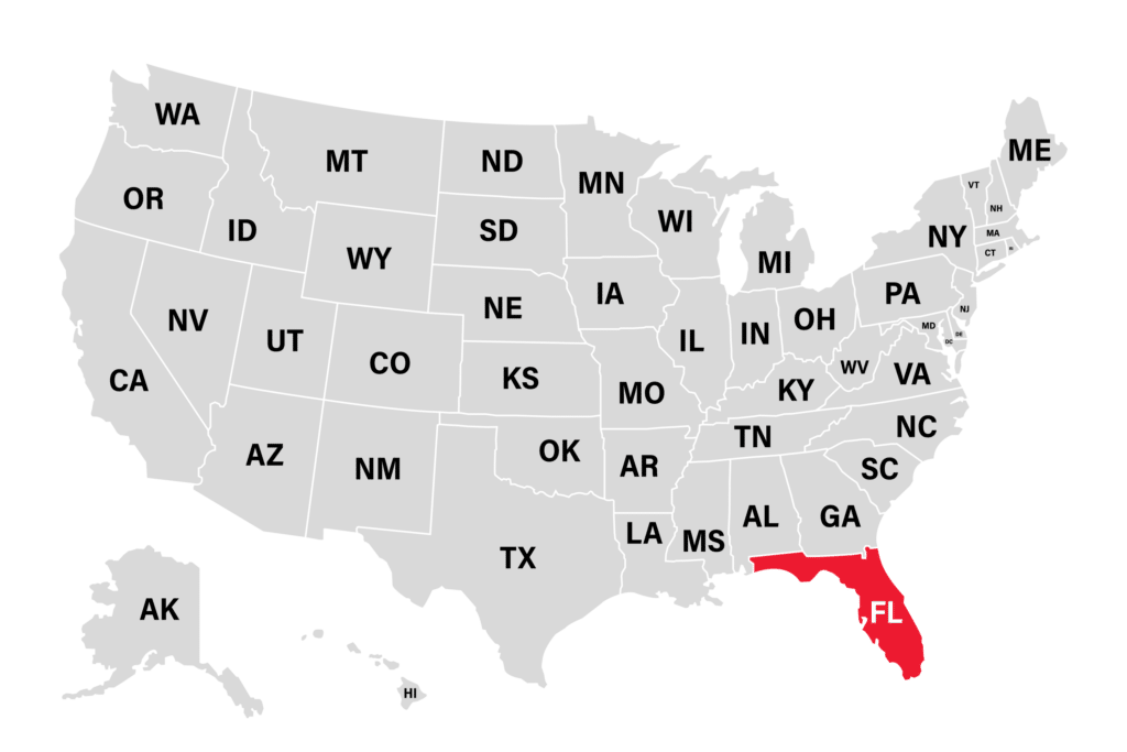 Map of the USA with Florida Highlighted