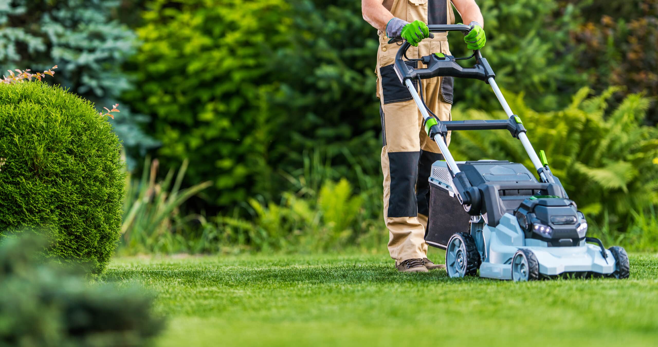 a person pushing a lawn mower on a lush green lawn