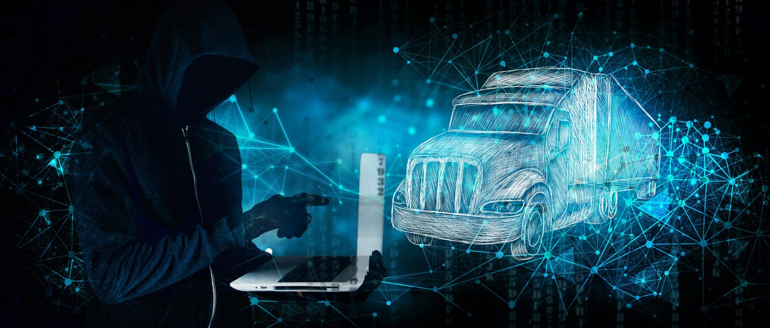 a man in a hood is using a laptop with a drawing of a truck behind him