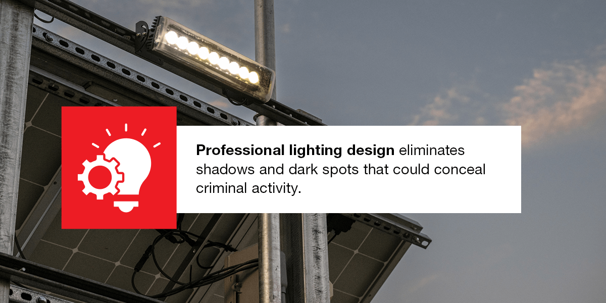 professional lighting design eliminates shadows that could conceal criminal activity