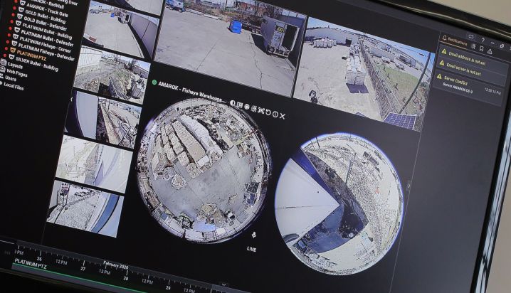 a computer monitor displays a 360 degree view of a warehouse